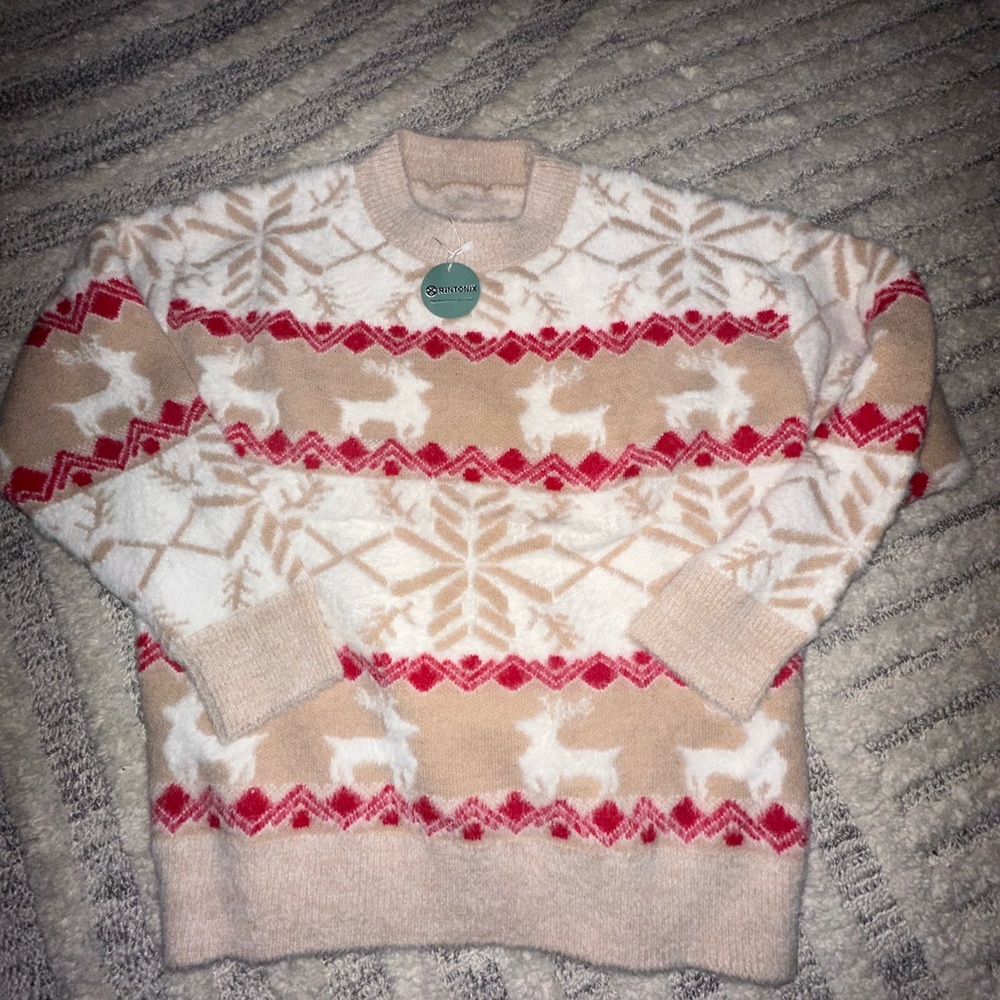 Snowflake Fawn Pattern Crewneck Sweater Long Sleeve Knit Pullover, Size: M - Picture 4 of 8
